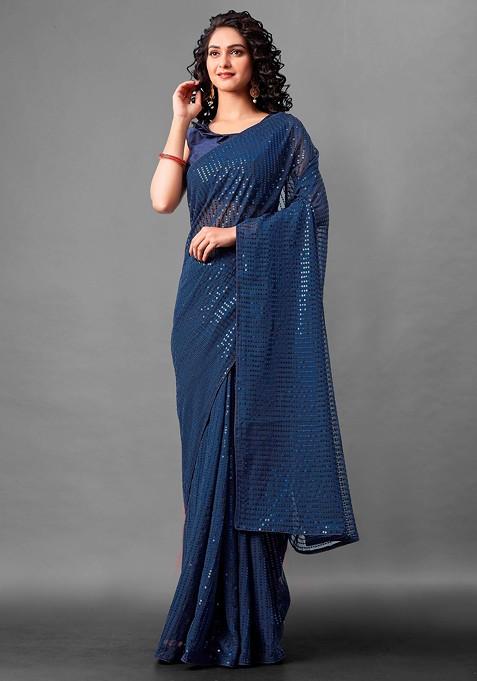 Navy Blue Woven Work Faux Georgette Saree Set