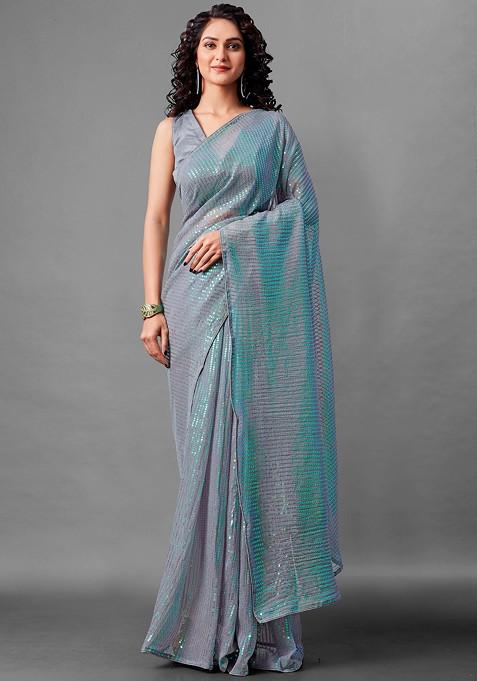 Grey Woven Work Faux Georgette Saree Set