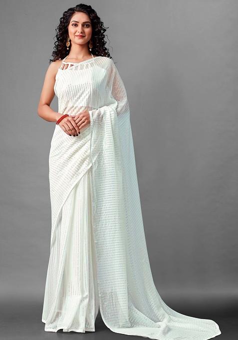 White Woven Work Faux Georgette Saree Set