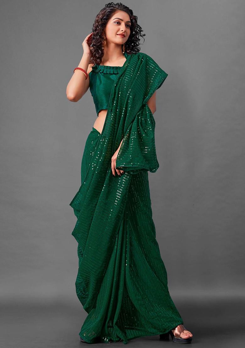 Green Woven Work Faux Georgette Saree Set