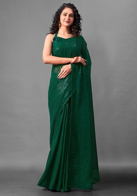 Green Woven Work Faux Georgette Saree Set