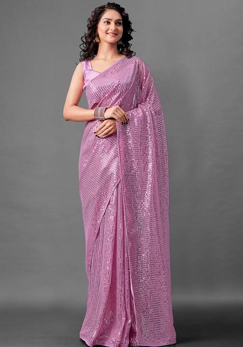 Lavender Woven Work Faux Georgette Saree Set