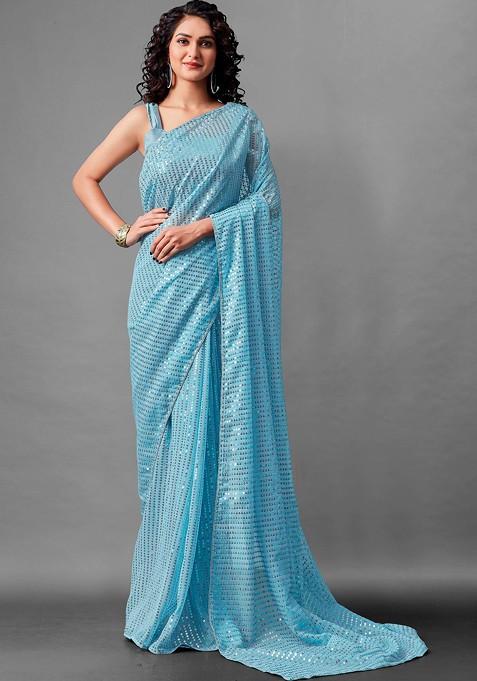 Aqua Blue Woven Work Faux Georgette Saree Set