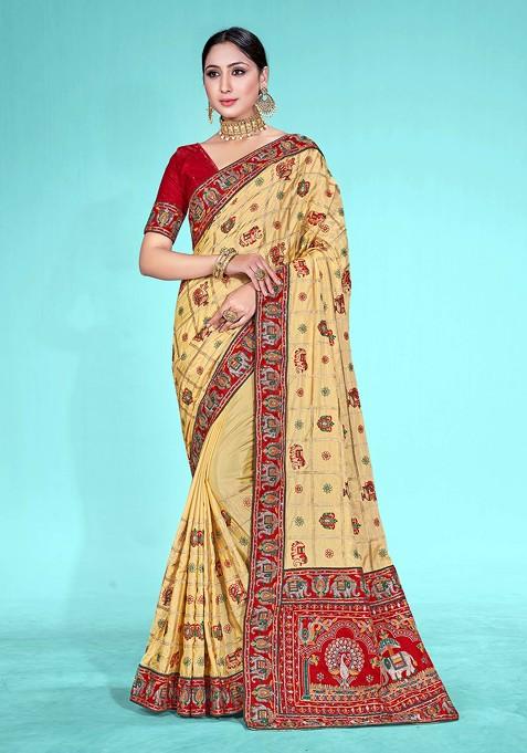 Beige Embroidered Satin Silk Saree Set