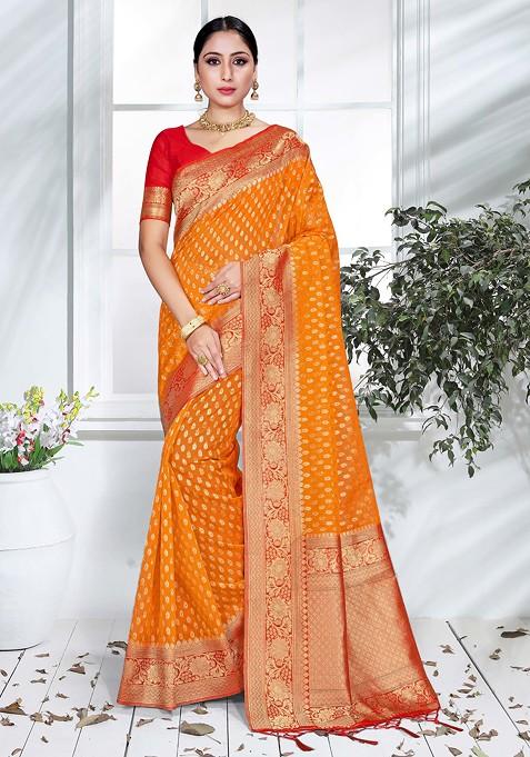 Orange Woven Work Organza Silk Saree Set