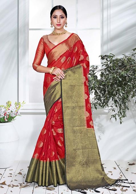 Red Woven Work Organza Silk Saree Set