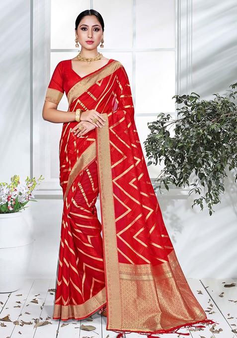 Red Woven Organza Silk Saree Set