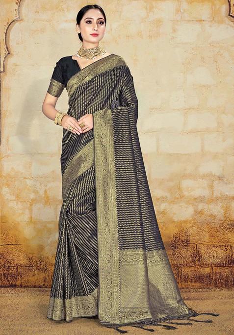 Black Woven Work Organza Silk Saree Set