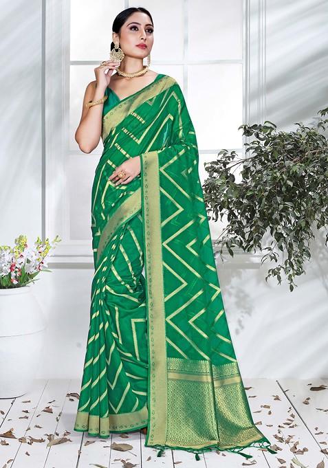 Green Woven Design Organza Silk Saree Set