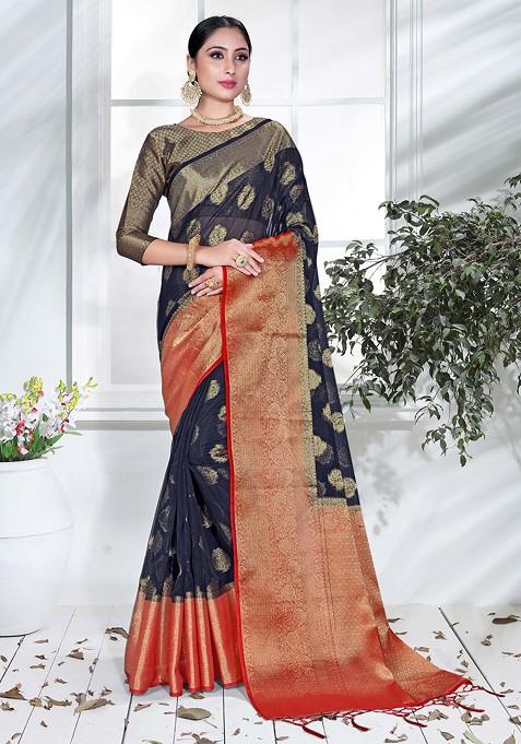 Navy Blue Woven Work Organza Silk Saree Set