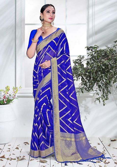 Blue Woven Work Organza Silk Saree Set