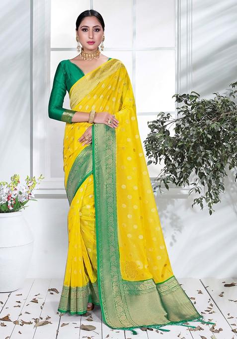 Yellow Woven Work Organza Silk Saree Set