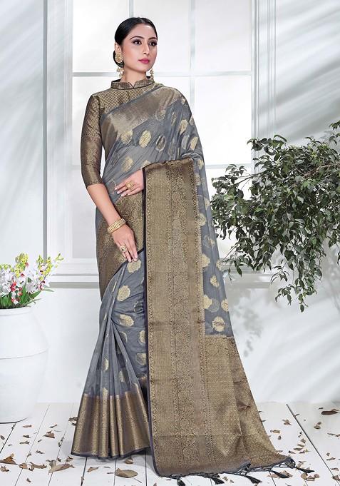 Grey Woven Work Organza Silk Saree Set