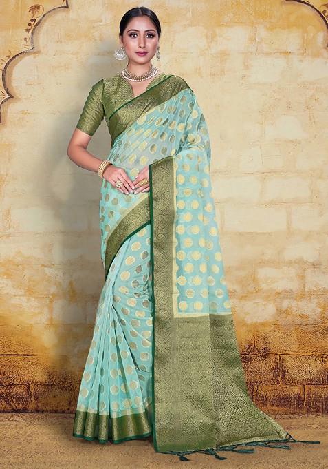 Sea Green Woven Work Organza Silk Saree Set