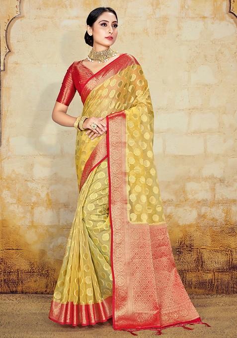 Yellow Woven Organza Silk Saree Set