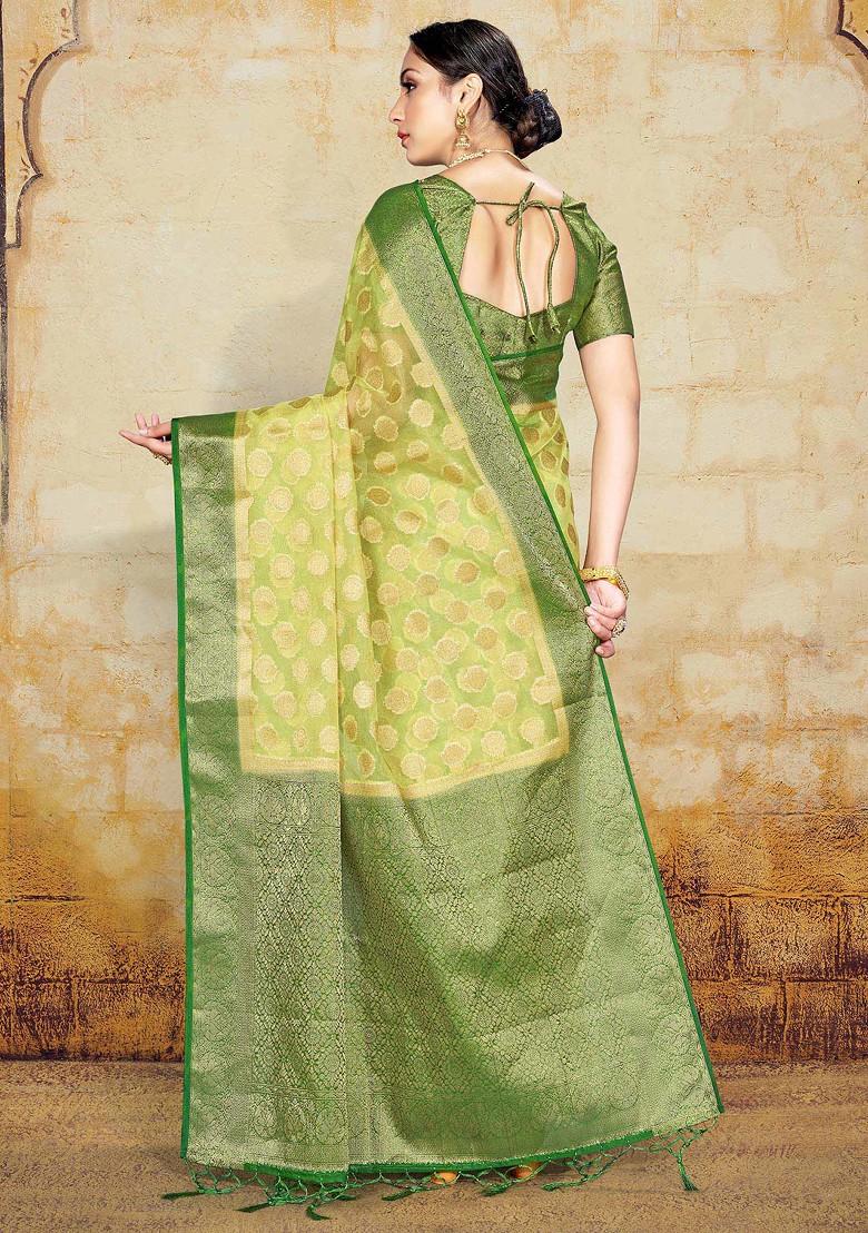 Olive Green Woven Work Organza Silk Saree Set
