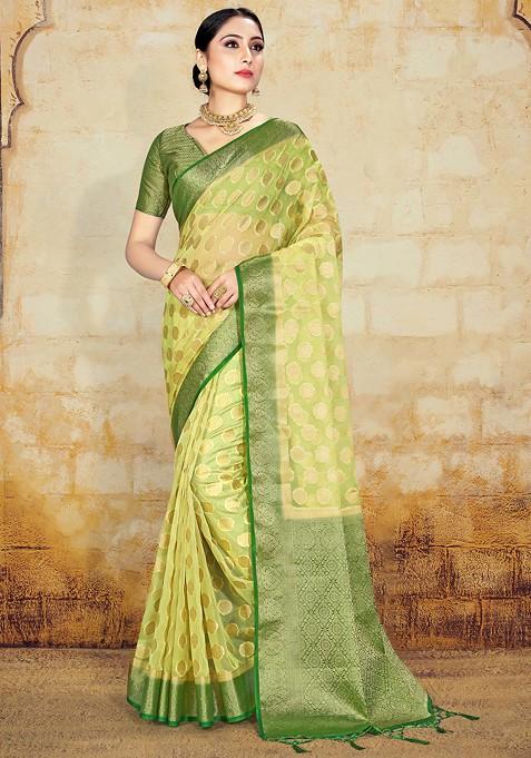 Olive Green Woven Work Organza Silk Saree Set