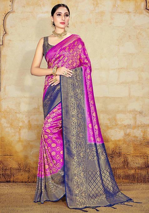 Pink Woven Work Banarasi Art Silk Saree Set