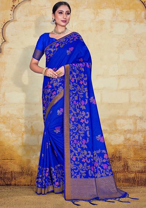 Blue Woven Work Banarasi Art Silk Saree Set