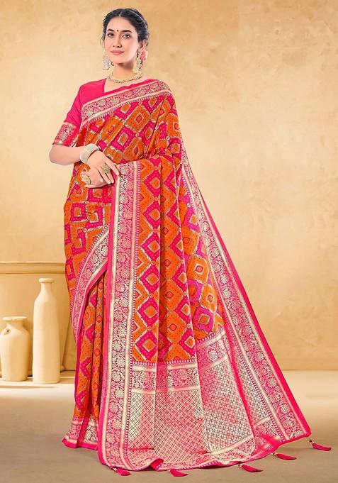 Orange Woven Work Banarasi Art Silk Saree Set