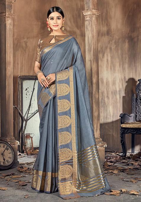 Grey Woven Work Cotton Silk Saree Set