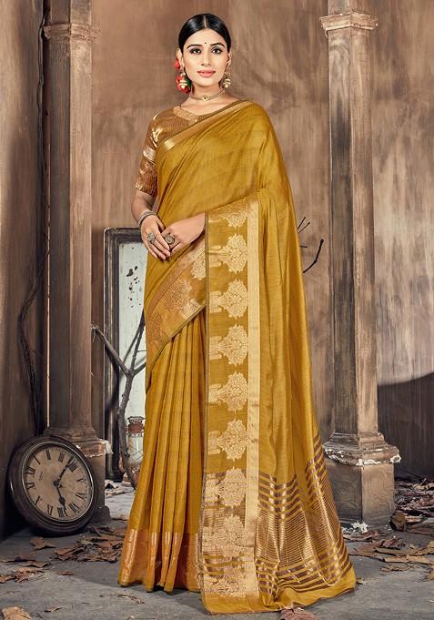 Olive Green Woven Work Cotton Silk Saree Set