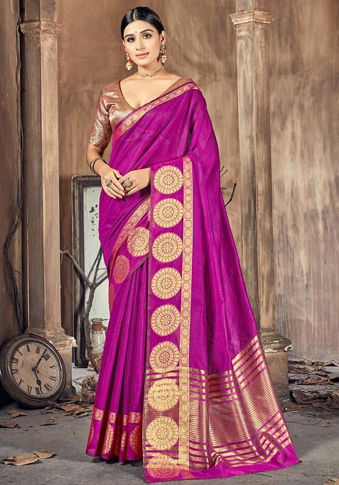 Pink Woven Work Cotton Silk Saree Set