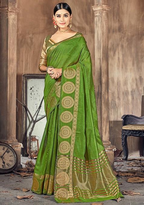 Green Woven Work Cotton Silk Saree Set