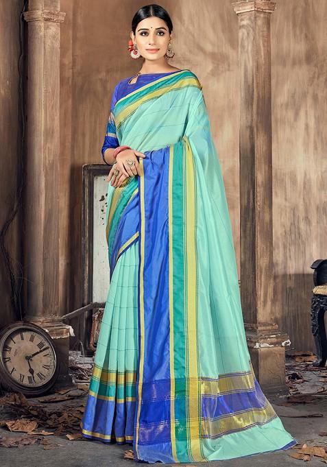 Sea Green Woven Work Cotton Silk Saree Set