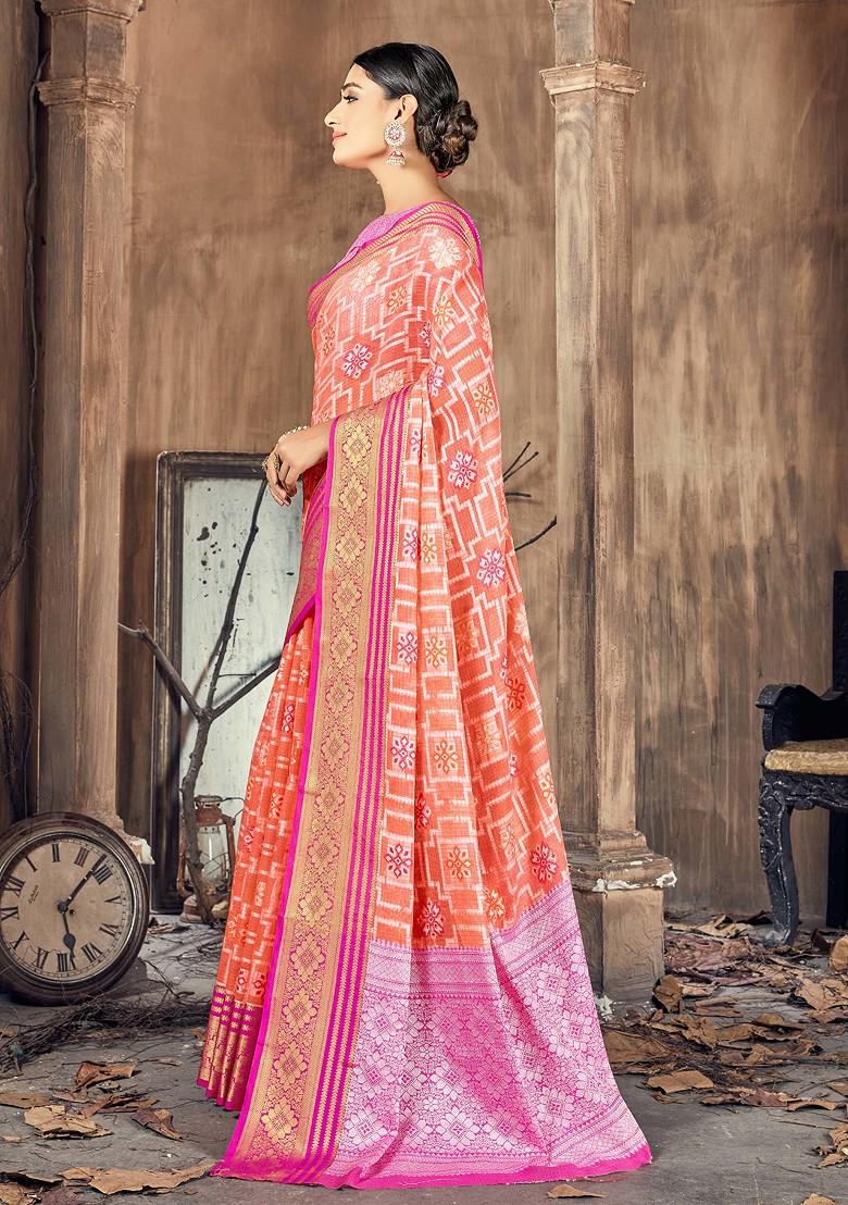 Orange Woven Work Cotton Silk Saree Set