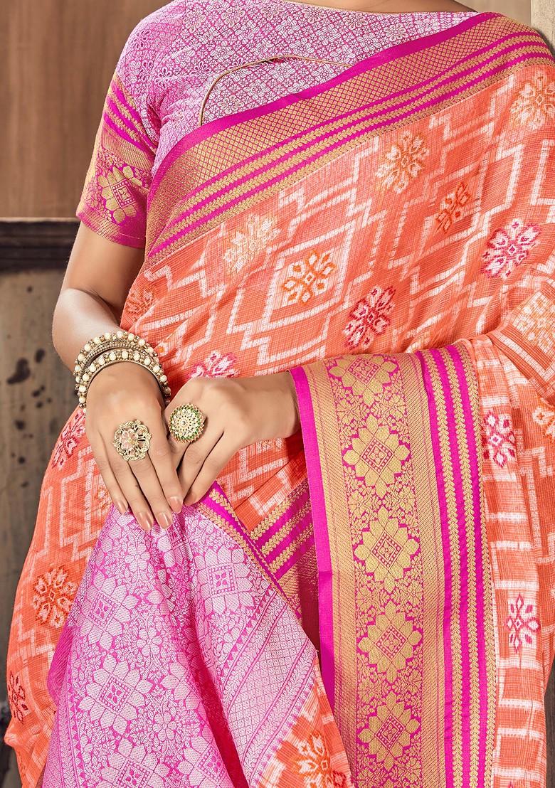 Orange Woven Work Cotton Silk Saree Set