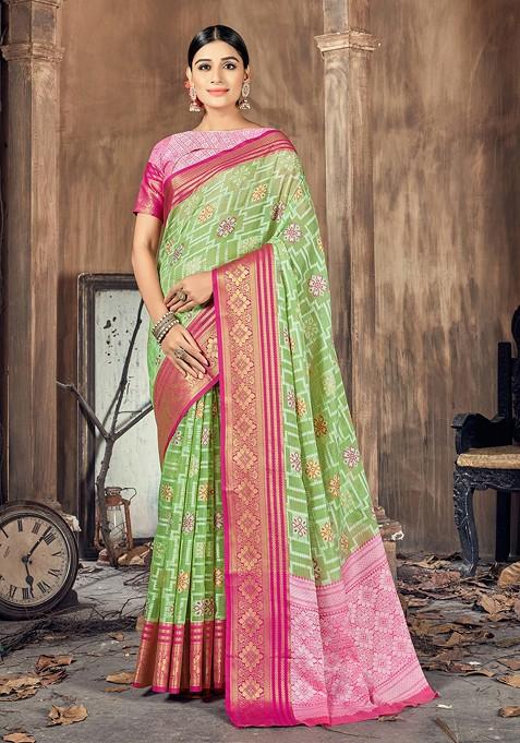 Green Woven Work Cotton Silk Saree Set