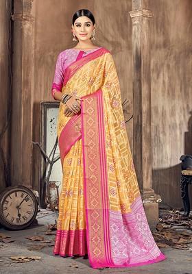Yellow Woven Work Cotton Silk Saree Set