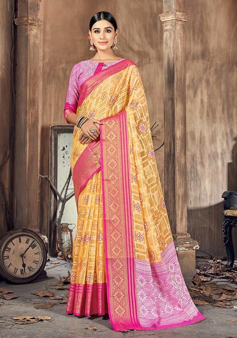 Yellow Woven Work Cotton Silk Saree Set