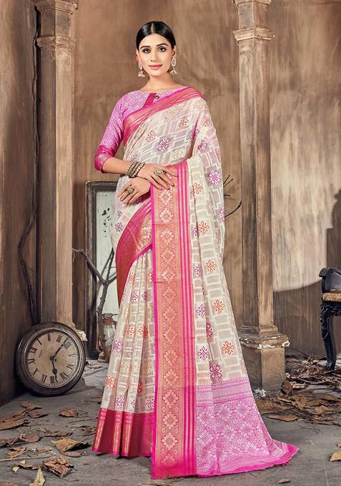 Beige Woven Work Cotton Silk Saree Set