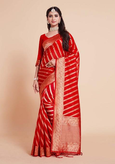 Red Woven Work Organza Silk Saree Set