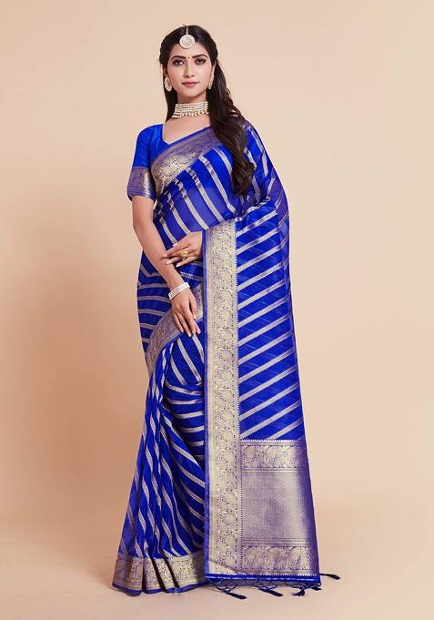 Blue Woven Work Organza Silk Saree Set