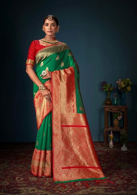 Green Woven Design Banarasi Art Silk Saree Set