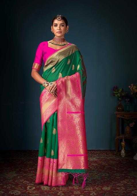 Green Woven Design Banarasi Art Silk Saree Set