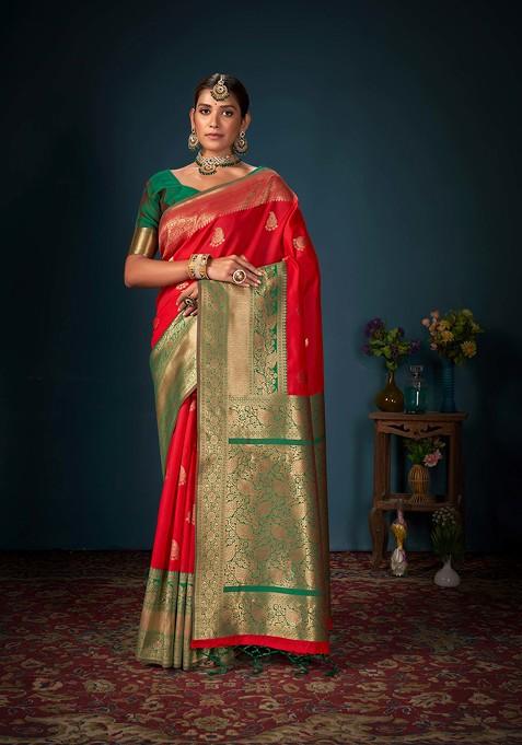 Red Woven Design Banarasi Art Silk Saree Set