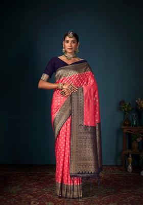 Peach Woven Design Banarasi Art Silk Saree Set