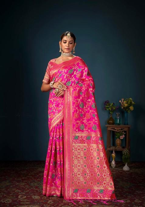 Pink Woven Design Banarasi Art Silk Saree Set