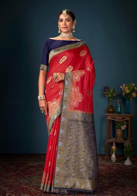 Red Woven Design Banarasi Art Silk Saree Set