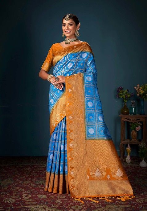 Blue Woven Design Banarasi Art Silk Saree Set