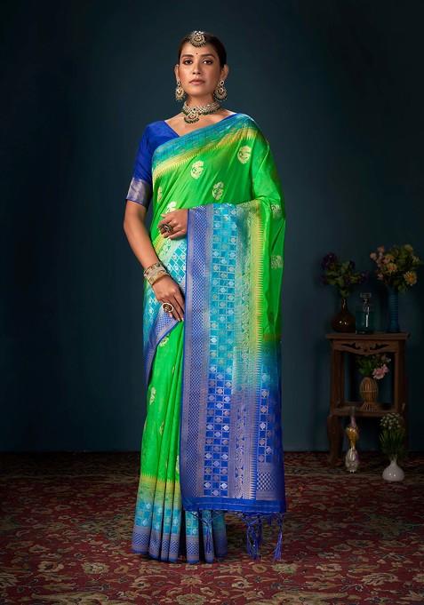 Green Woven Design Banarasi Art Silk Saree Set