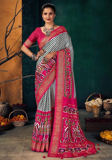 Pink Printed Cotton Art Silk Saree Set