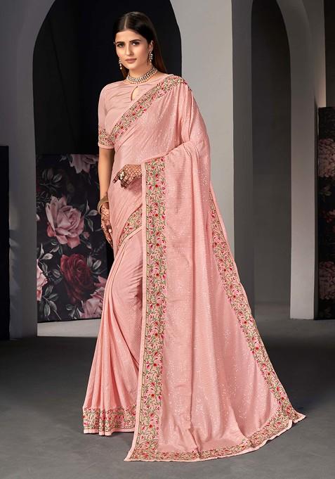 Light Peach Embroidered Satin Silk Saree Set