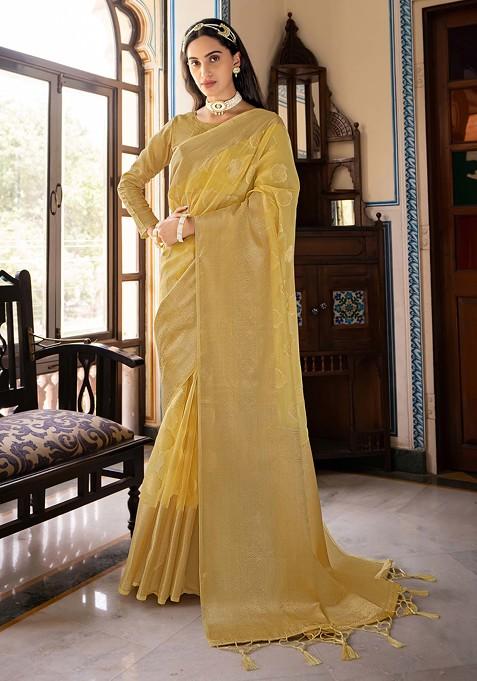 Yellow Woven Design Organza Silk Saree Set