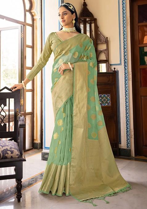 Aqua Green Woven Design Organza Silk Saree Set