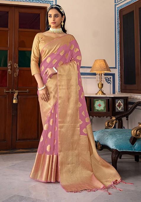 Light Purple Woven Design Organza Silk Saree Set